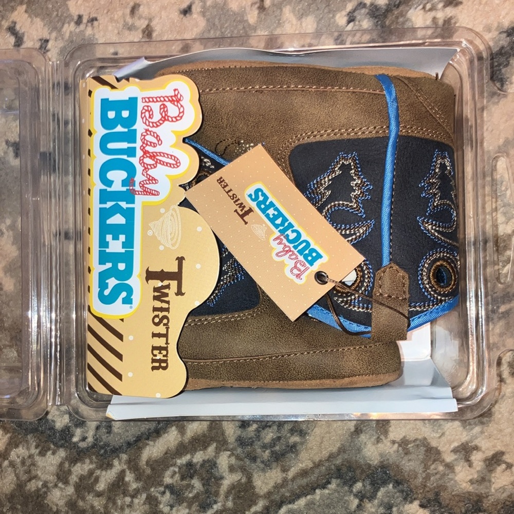 NWT M&F Western Kids Twister Baby Bucker Boots Brown and Blue - Size 04